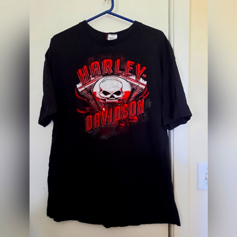 Harley-Davidson Black T-Shirt with Red and White Skull Graphic